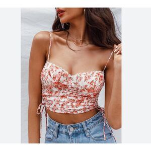 Princess Polly Maddi Top Pink Floral Ruched Lace Trim Crop Tank Women Size L/12